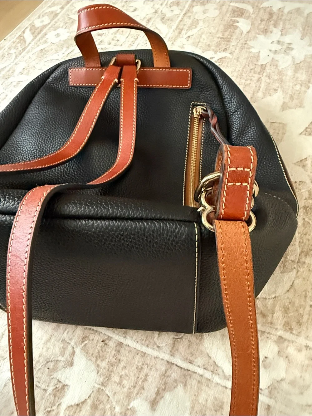 Dooney & Bourke Black Pebbled Leather Shoulder Bag with Brown Trim